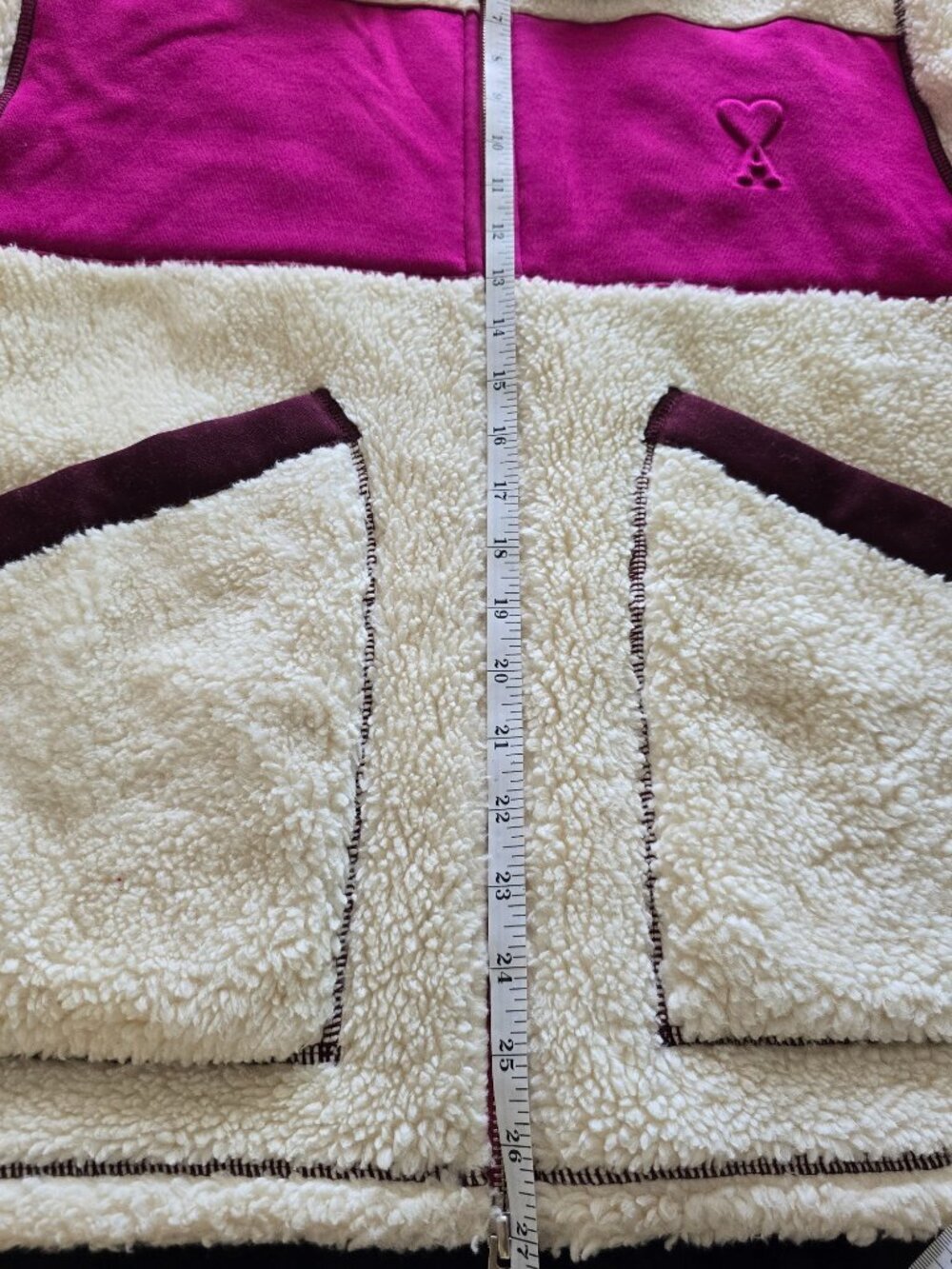 AMI Paris Ami de Cœur Faux Shearling Zipped Jacket Off White/Fuchsia Unisex - Picture 15 of 16